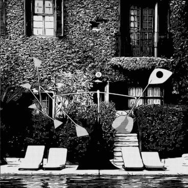 Dessin en noir et blanc illustrant la piscine de La Colombe d'Or à Saint-Paul-de-Vence French Riviera - sculpture de Calder